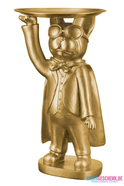 Figur: Bulldogge „Hero Dog“ mit Tablett • Kunstharz • Gold • 31×13×10 cm • Gilde - Figur