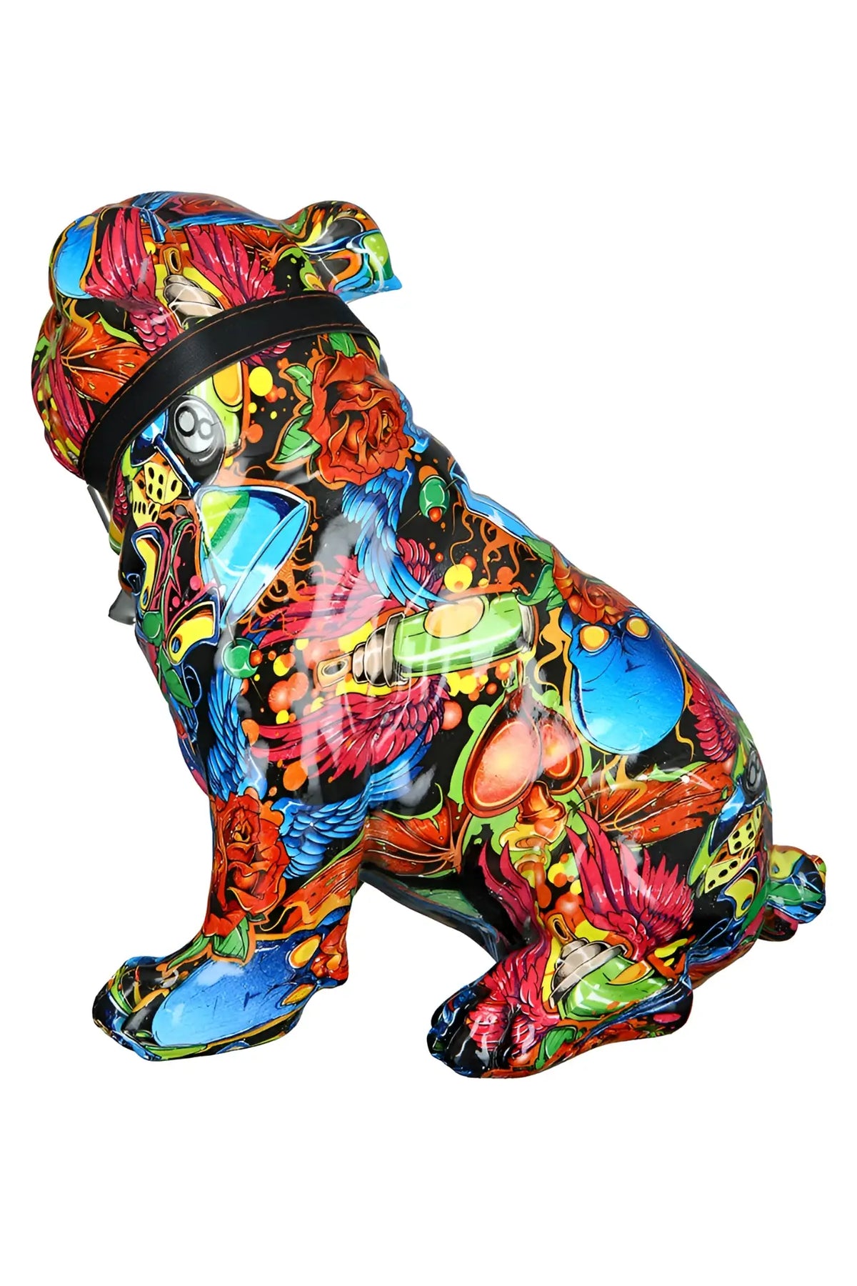 Figur bulldogge street art 2 kunstharz mehrfarbig mit psychedelischen floralen mustern in rot blau grün orange