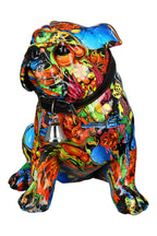 Vibranter mehrfarbiger kunstharz bulldogge figur mit schwarzem halsband und silberner glocke von gilde