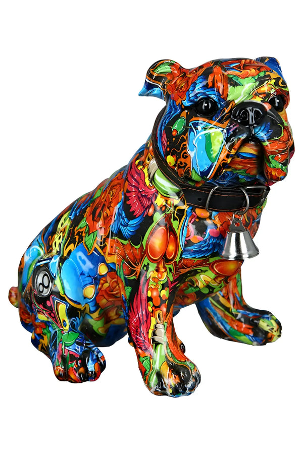 Vibrante kunstharzfigur bulldogge street art 2 mit psychedelischem graffiti in blau rot grün orange von gilde