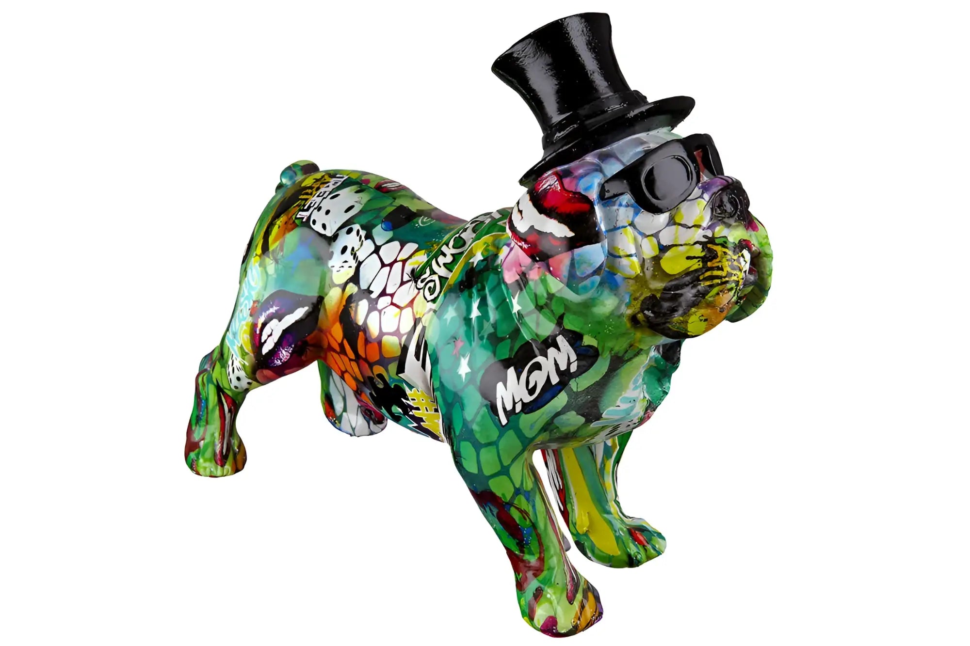 Figur bulldogge street art 3 kunstharz mehrfarbig mit schwarzem zylinder und sonnenbrille von gilde