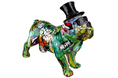 Figur bulldogge street art 3 kunstharz mehrfarbig mit schwarzem zylinder und sonnenbrille von gilde