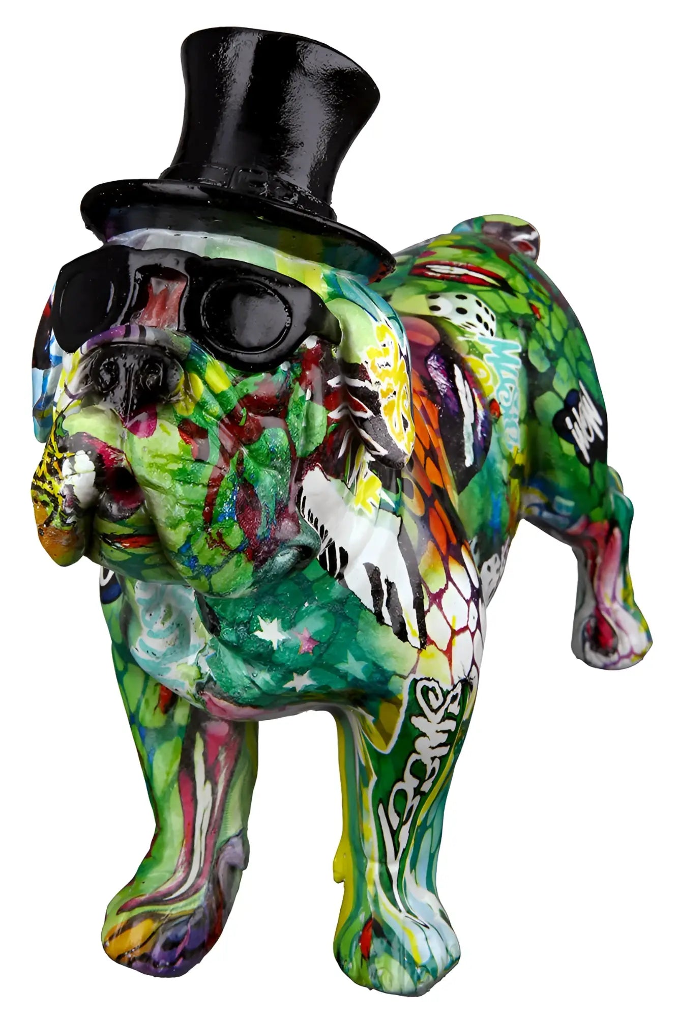 Figur bulldogge street art 3 aus mehrfarbigem kunstharz mit schwarzem zylinder und sonnenbrille von gilde