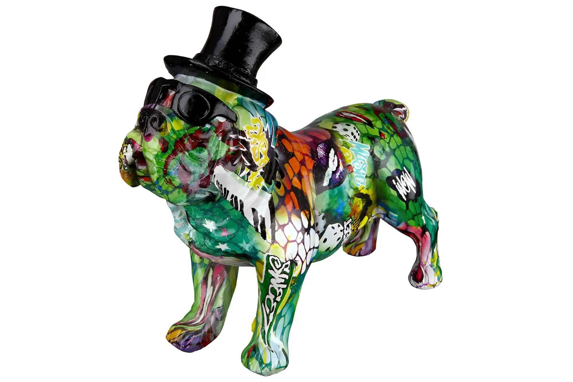 Figur bulldogge street art 3 kunstharz mehrfarbig mit schwarzem zylinder und sonnenbrille von gilde