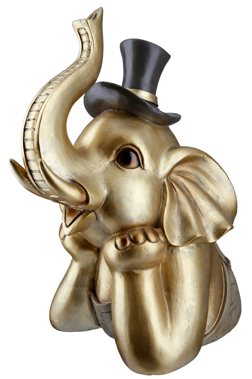 Goldfarbener elefantenfigur aus kunstharz mit schwarzem zylinder und goldrand von gilde 29x15x24 cm