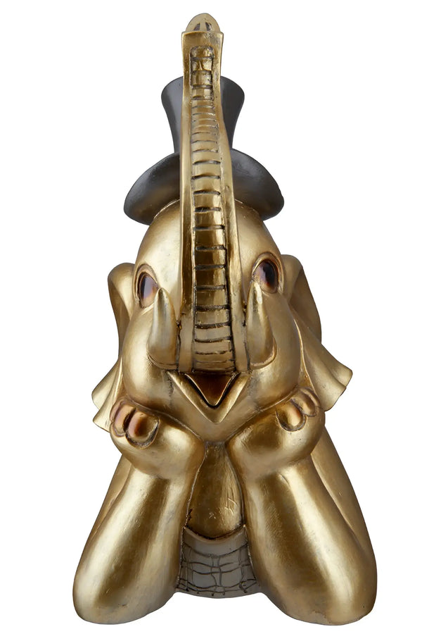 Goldfarbener elefantenfigur kunstharz sitzt formell mit schwarzem zylinder 29x15x24 cm gilde