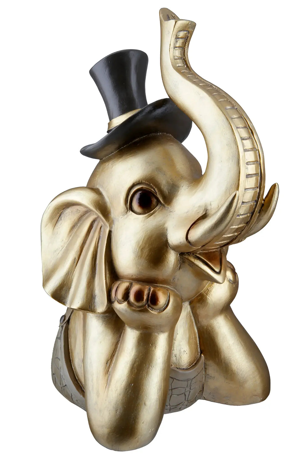 Goldfarbener elefantenfigur kunstharz mit schwarzem zylinder sitzend elegant von gilde 29x15x24 cm