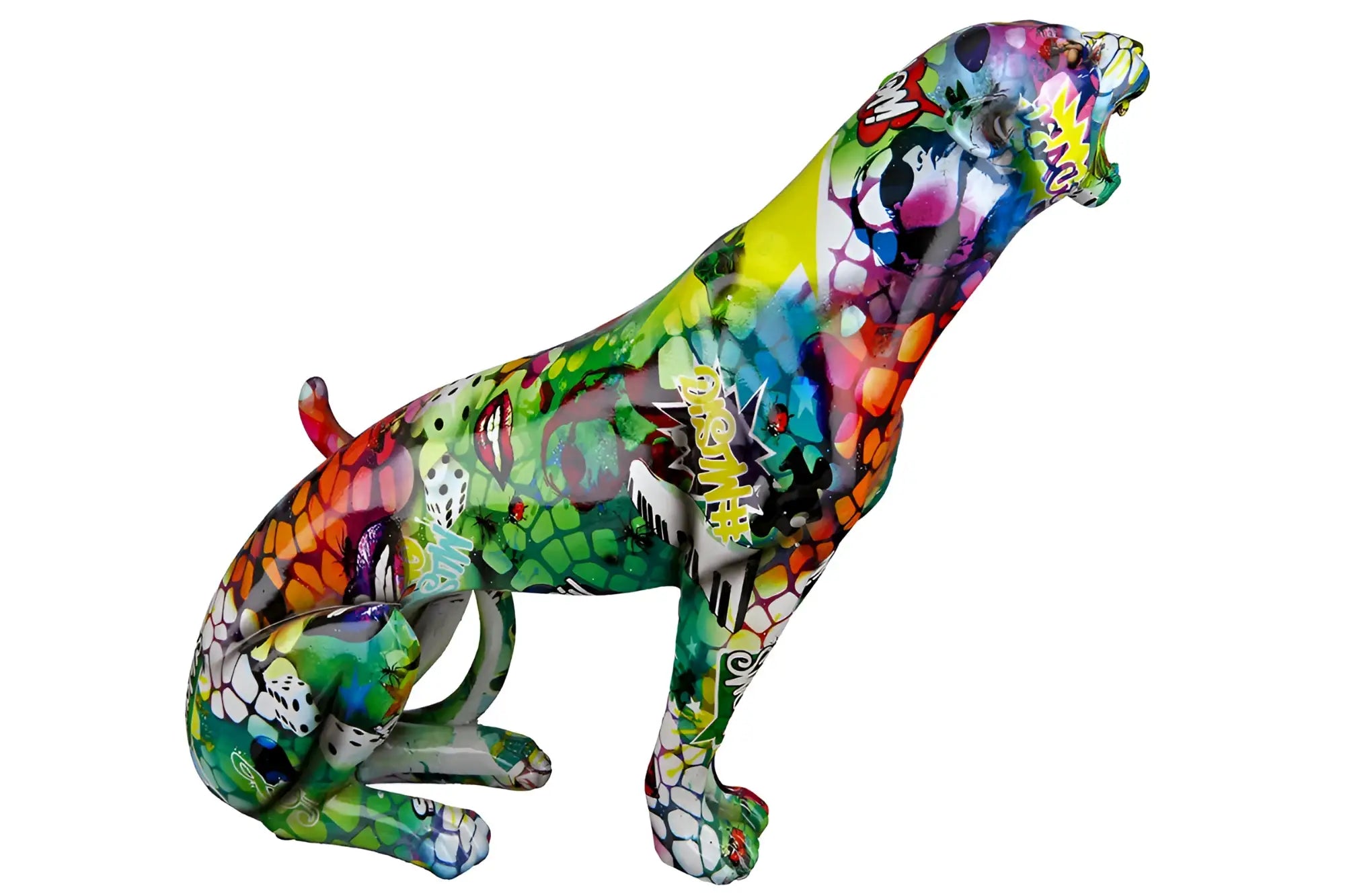 Vibrante gepard figur street art 2 aus kunstharz mit glatter mehrfarbiger graffitioptik von gilde 28x33x9 cm