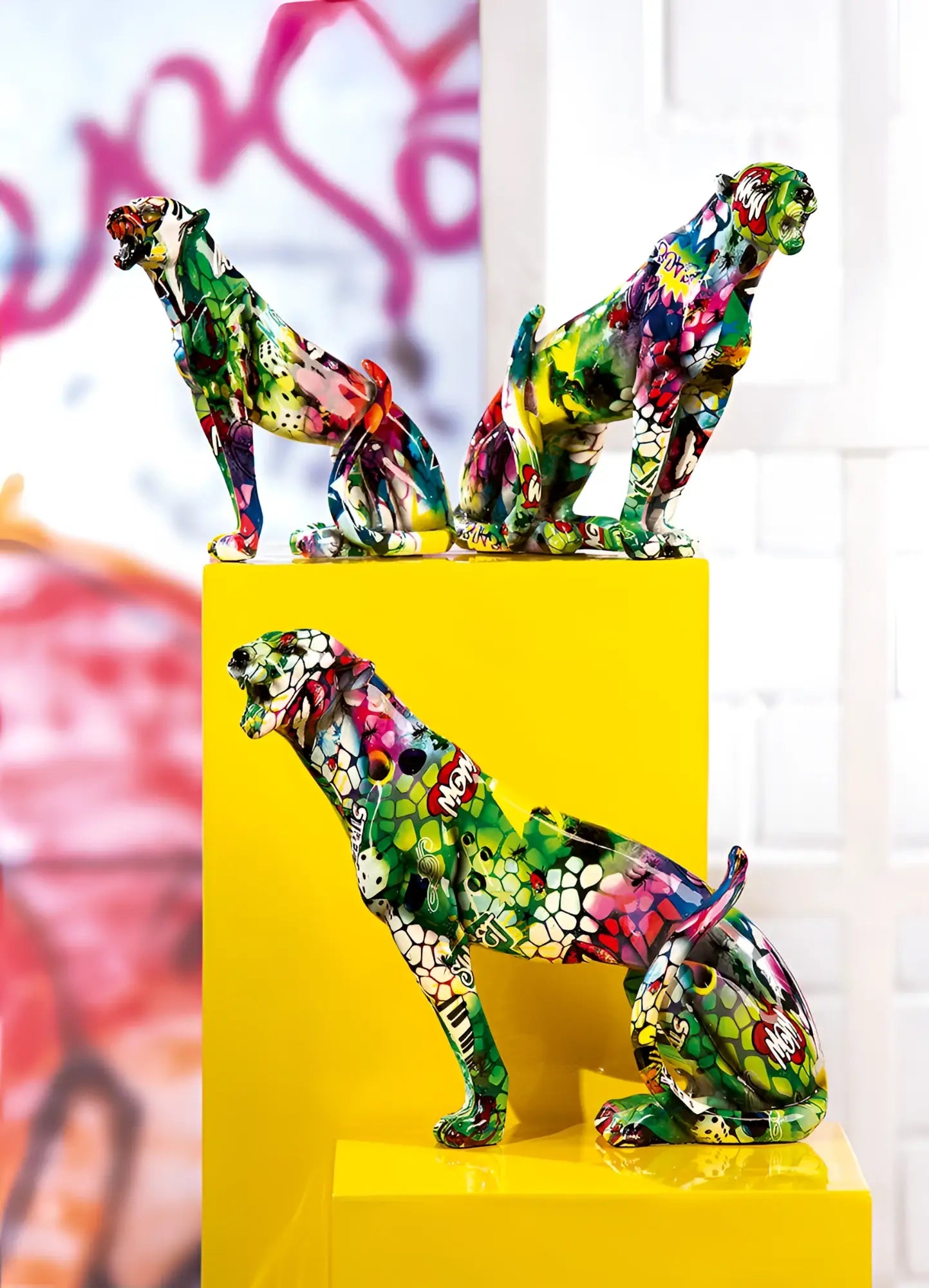 Figur gepard street art 2 kunstharz mehrfarbige cheetah skulpturen mit mosaikmustern und grafischen designs