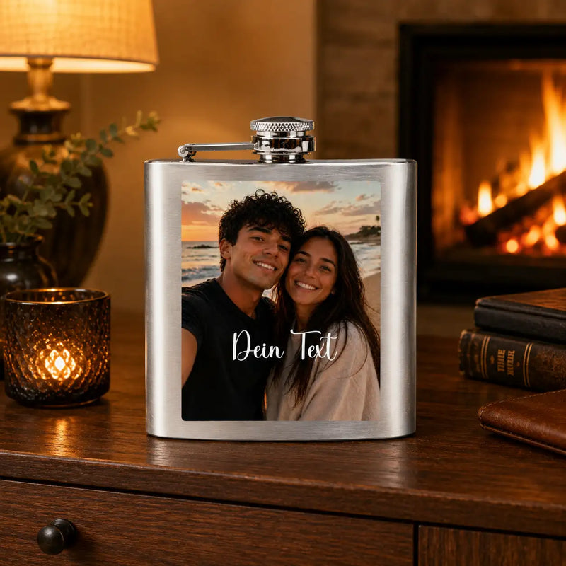 Silberfarbene Edelstahldose mit einem personalisierten Foto von zwei Personen und dem Text „dein text“, der darunter gedruckt ist.