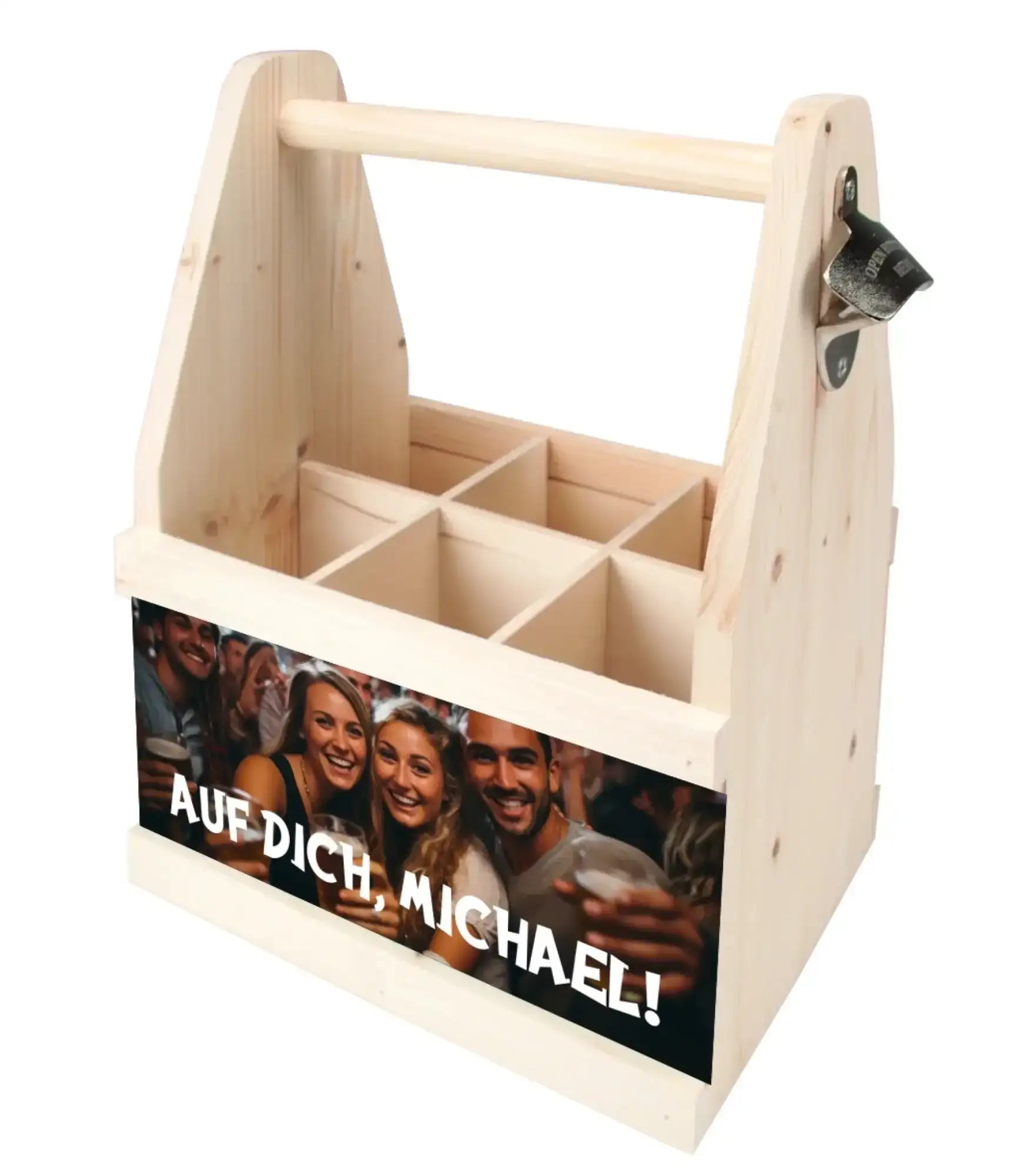Leichter holz-flaschenträger für bier und cola mit integriertem flaschenöffner und personalisiertem foto vorne