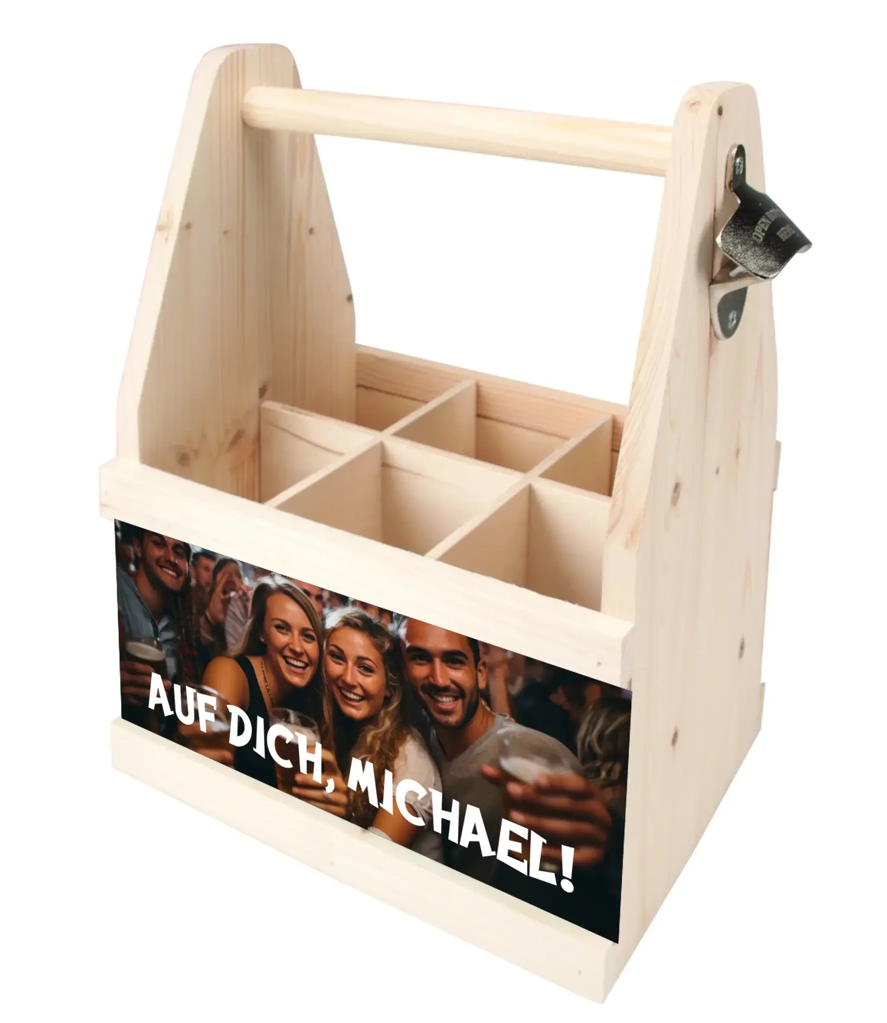 Heller holz flaschenträger für bier cola mit integriertem flaschenöffner und personalisiertem foto decal vorne