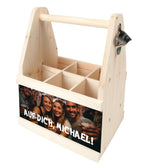 Hellfarbener holz flaschenträger mit griff und integriertem flaschenöffner personalisierbar mit foto