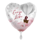 Weißer herzförmiger folienballon endless love mit rosegold ewige liebe schrift und paar-silhouette im luftballon