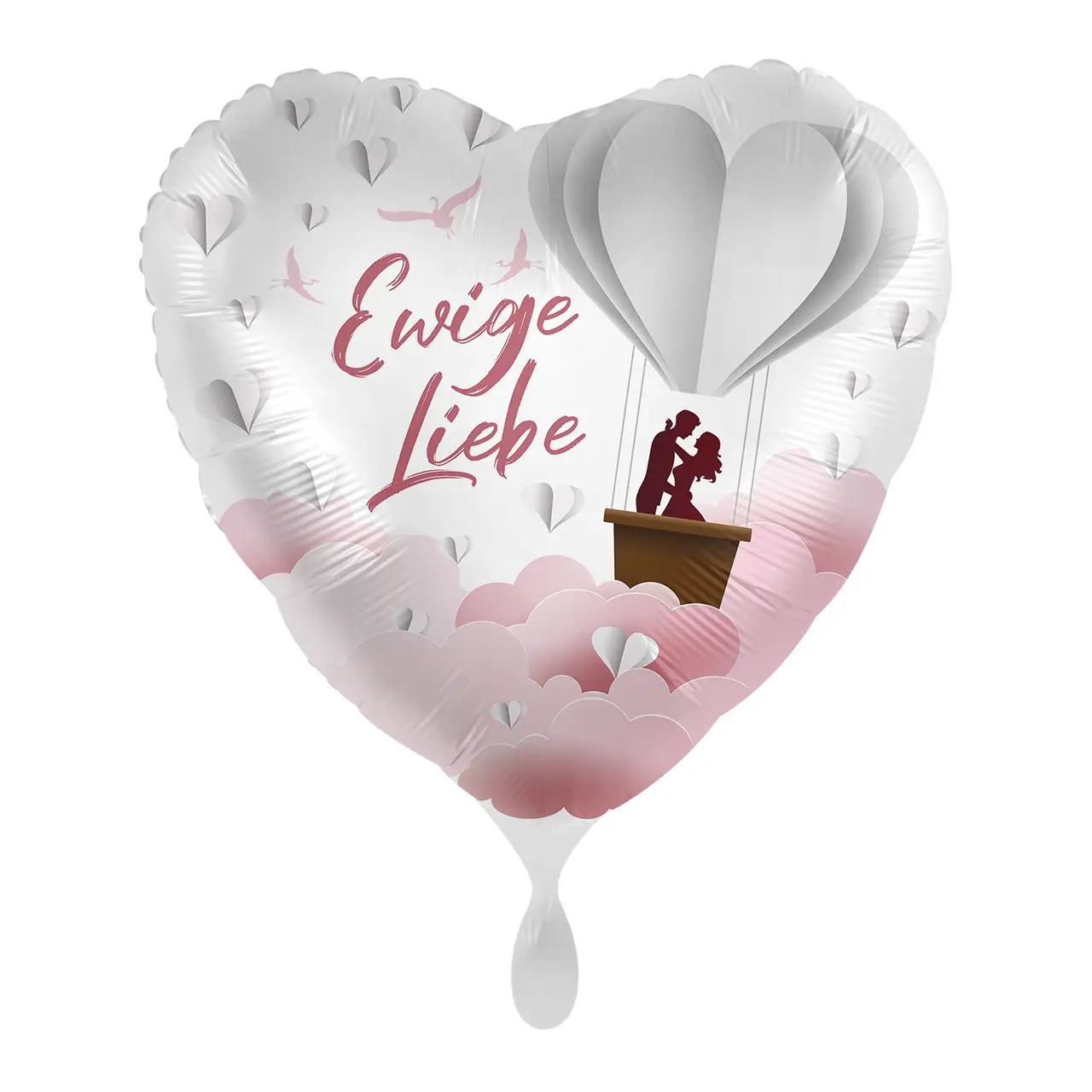 Weißer herzförmiger folienballon endless love mit rosegold ewige liebe schrift und paar-silhouette im luftballon