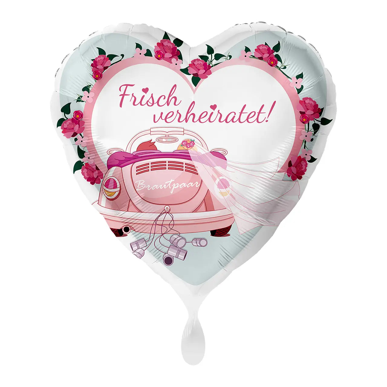 Herzförmiger folienballon rosa mit vintage auto brautpaar und frisch verheiratet schriftzug für hochzeit