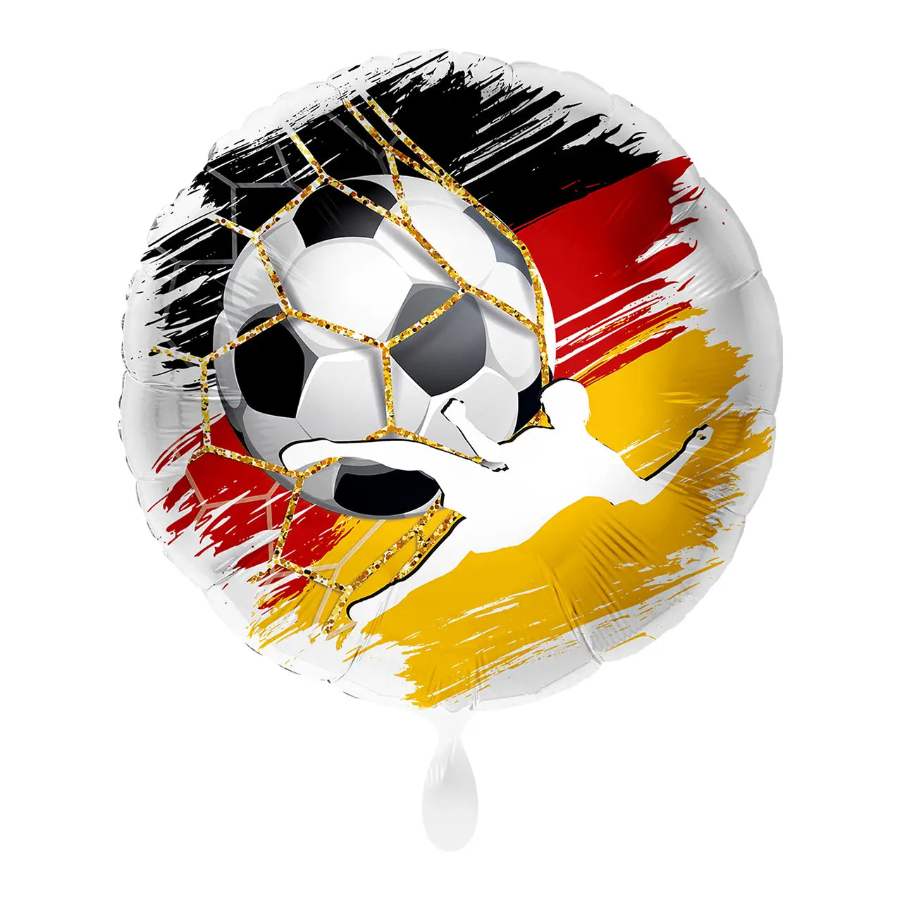 Runder metallic folienballon mit fußball im netz, goldglitzer und schwarz rot gelben streifen der deutschen flagge