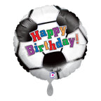 Folienballon fußball mit schwarz weißem design und buntem happy birthday aufdruck zum geburtstag feiern