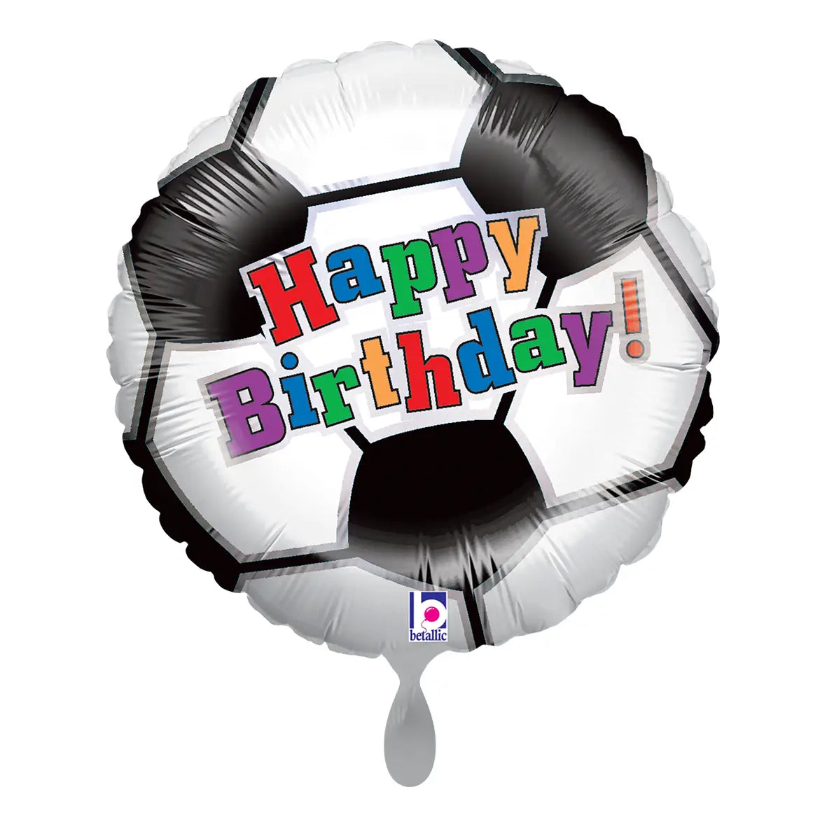Folienballon fußball mit schwarz weißem design und buntem happy birthday aufdruck zum geburtstag feiern