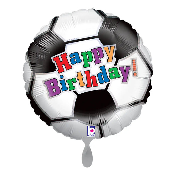 Folienballon fußball mit schwarz weißem design und buntem happy birthday aufdruck zum geburtstag feiern