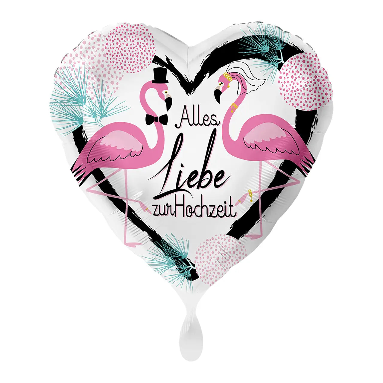Herzförmiger folienballon mit zwei rosa flamingos in romantischer pose und türkisfarbenem kiefernlaub für hochzeit