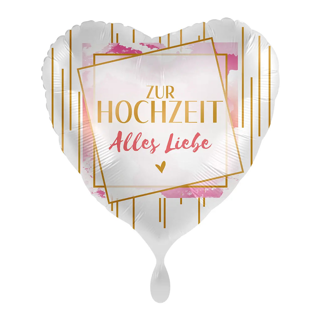 Ein herzförmiger folienballon in weiß gold und rosa mit dem text zur hochzeit alles liebe für hochzeitsdeko