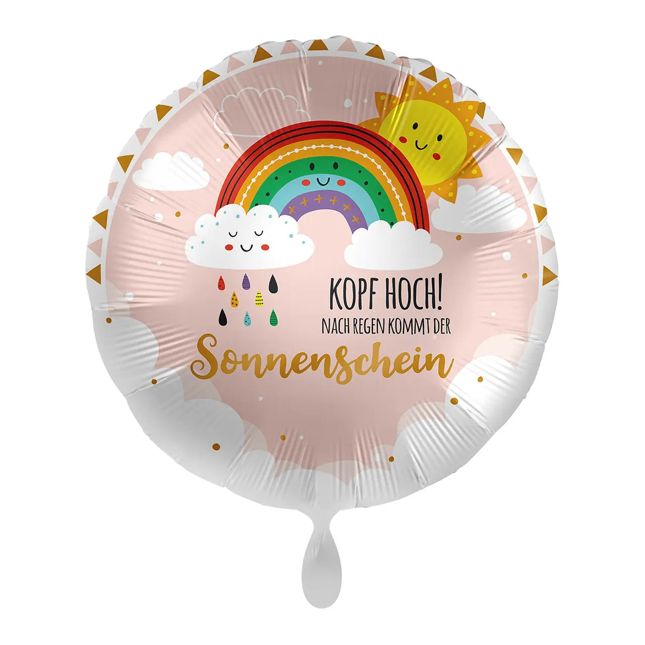 Folienballon kopf hoch sonnenschein pink mit regenbogen sonne wolken und goldener schriftkopf hoch nach regen kommt sonnenschein