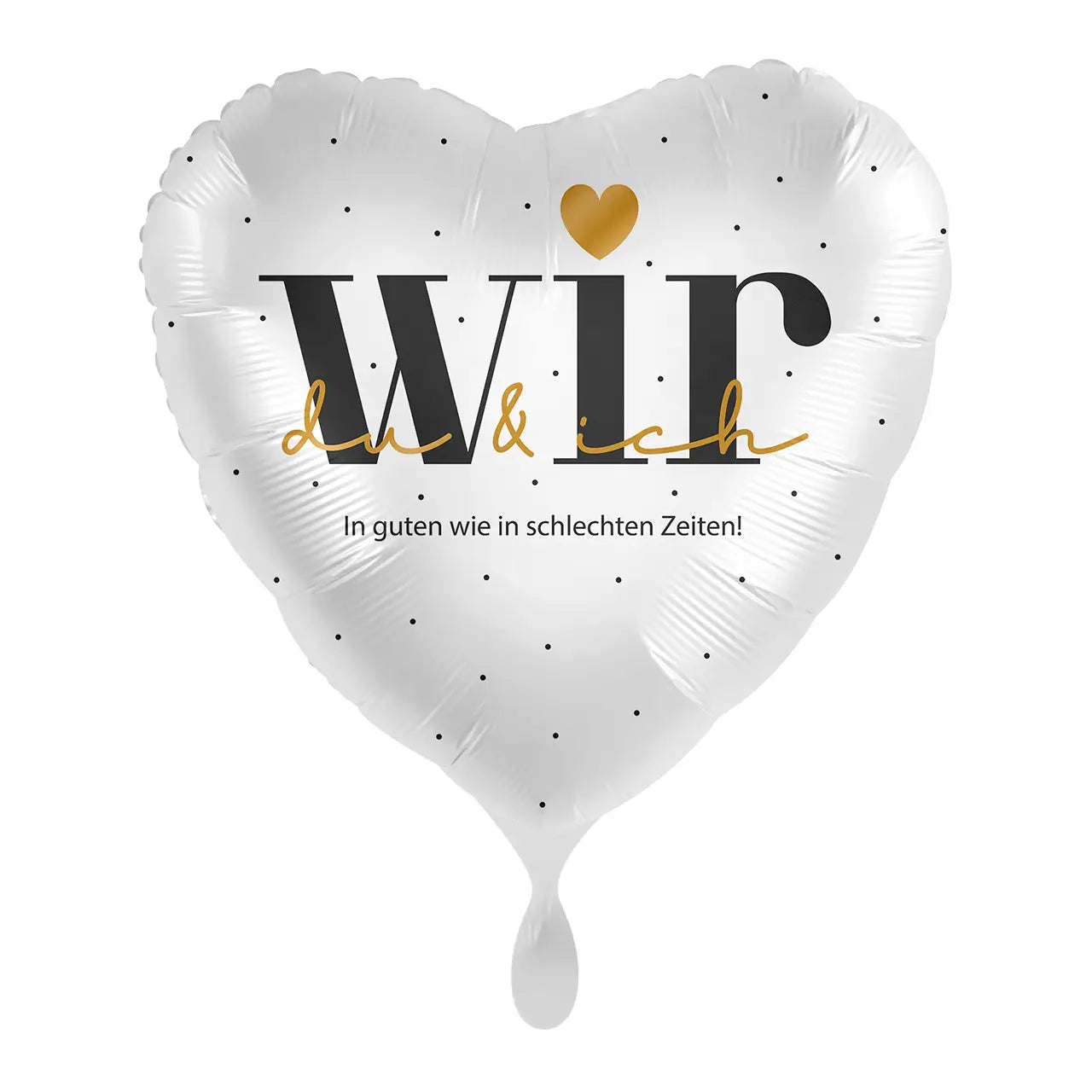 Weißer herzförmiger folienballon mit schwarzem und goldenem text wir du und ich für hochzeit