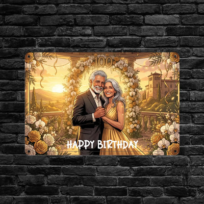 Goldgelbes foto-blechschild mit 100 geburtstag motive, lächelndes älteres paar im formalen stil, personalisiertes fotogeschenk