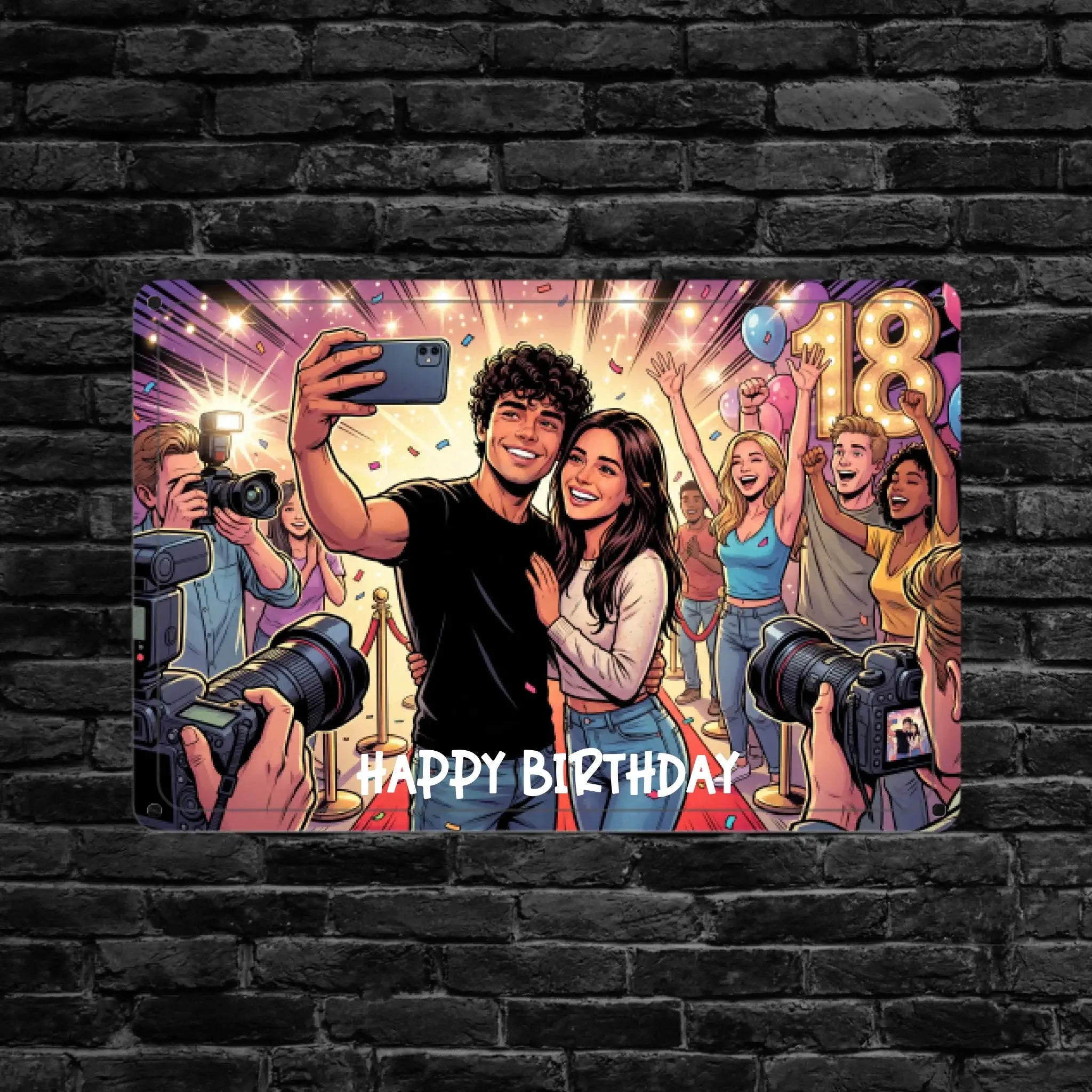 Buntes rechteckiges foto-blechschild 18 geburtstag mit cartoon-couple beim selfie auf rotem teppich