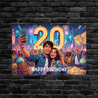 Vibrantes rechteckiges foto-blechschild zum 20 geburtstag mit cartoon selfie junge leute und leuchtschrift happy birthday