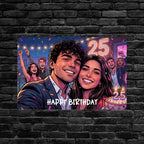 Buntes rechteckiges foto-blechschild 25 geburtstag mit neon zahl 25 und cartoon partymotiv aus metall