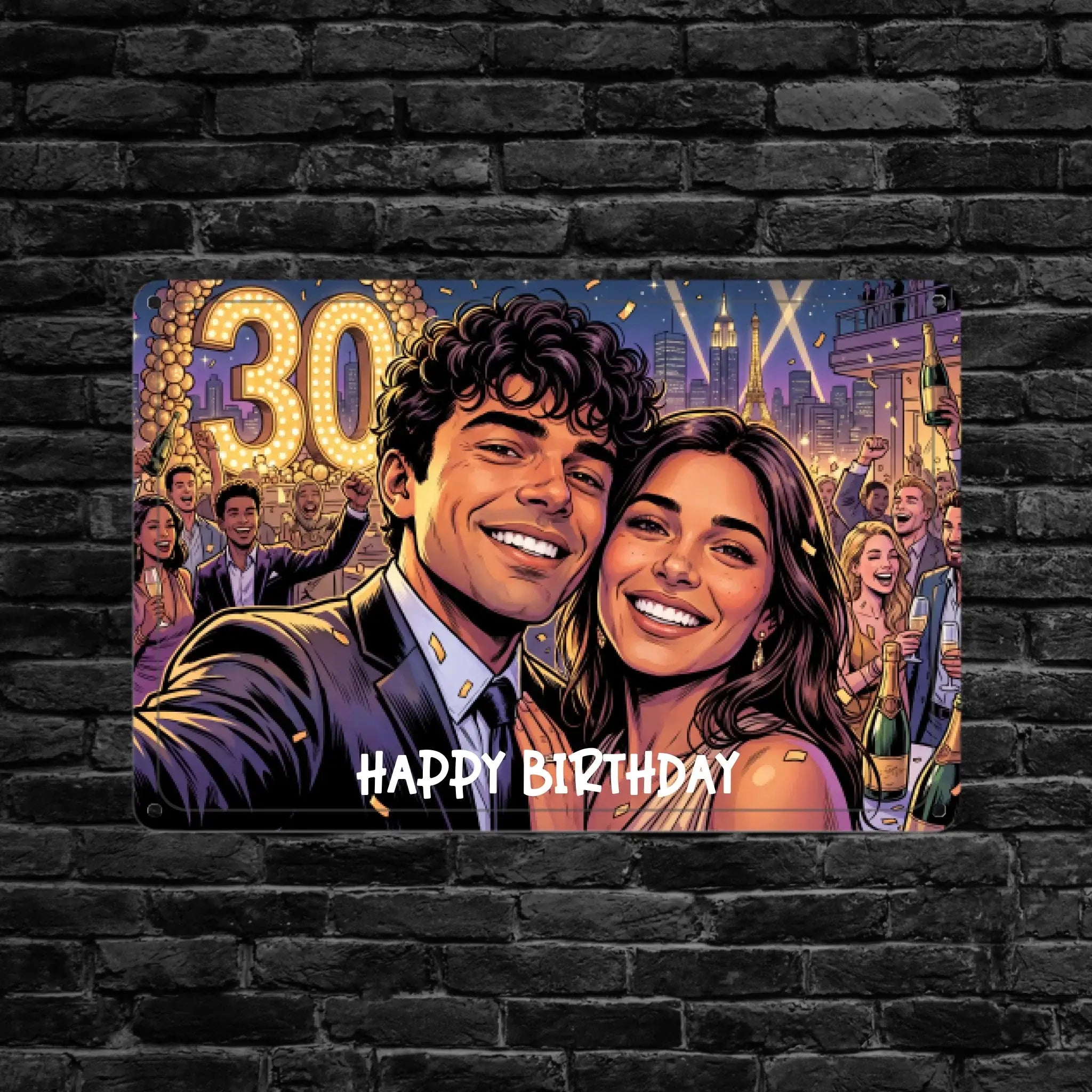 Ein rechteckiges metalblechschild mit buntem cartoon von einem lächelnden paar zum 30 geburtstag und text happy birthday