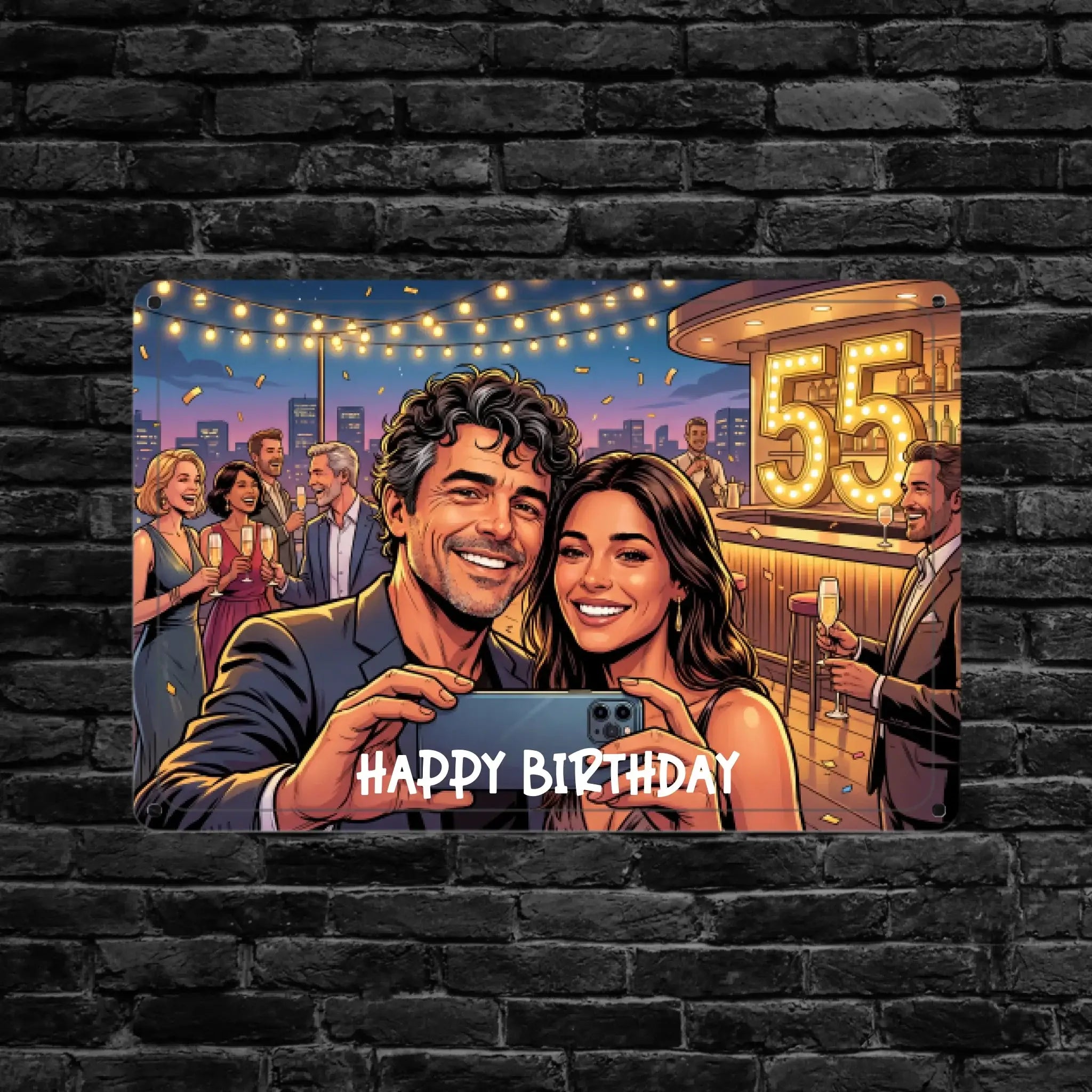 Rechteckiges metallblechschild mit bunter cartoon-illustration eines paares beim selfie und text happy birthday mit leuchtender 55 zum 55 geburtstag