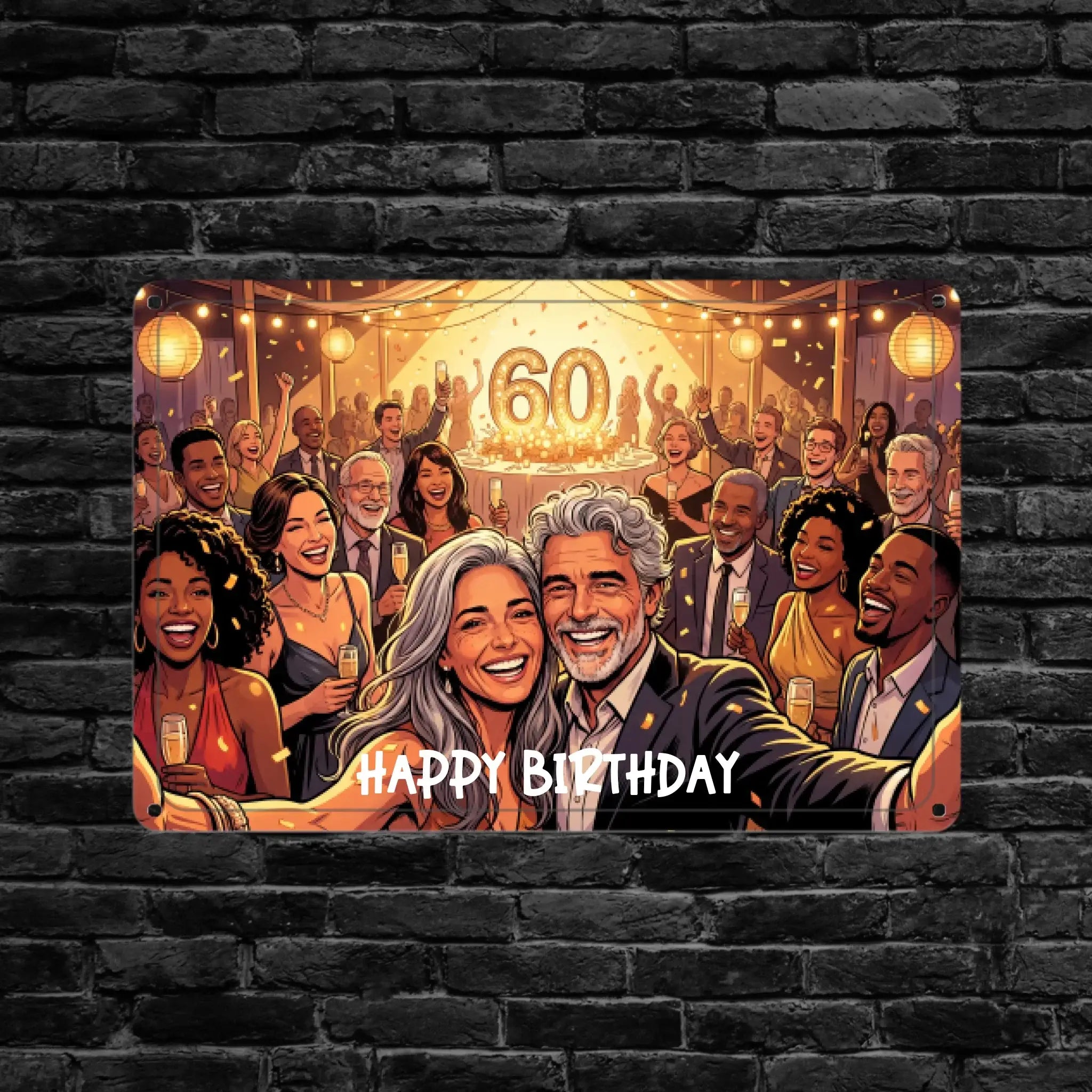 Ein rechteckiges metallblechschild mit bunter cartoonillustration für 60 geburtstag und text happy birthday