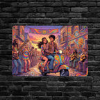 Buntes psychedelisches foto-blechschild mit paar auf farbigem roller in festlicher straßenszene mit ki-effekt