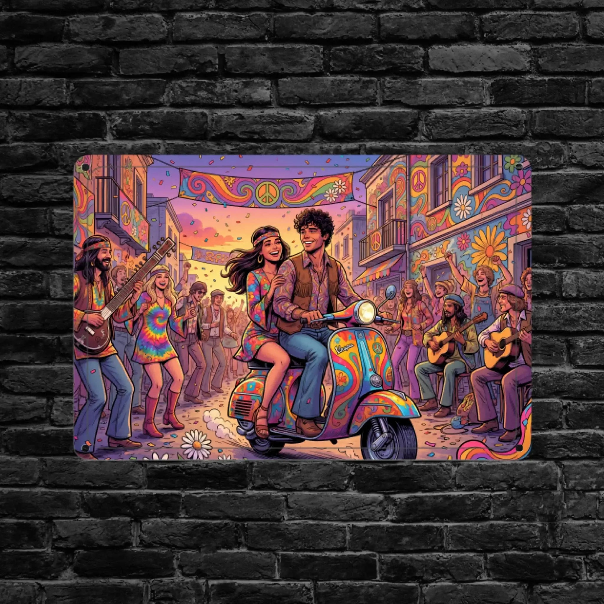 Buntes psychedelisches foto-blechschild mit paar auf farbigem roller in festlicher straßenszene mit ki-effekt