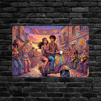 Buntes psychedelisches foto-blechschild mit paar auf farbigem roller in festlicher straßenszene mit ki-effekt