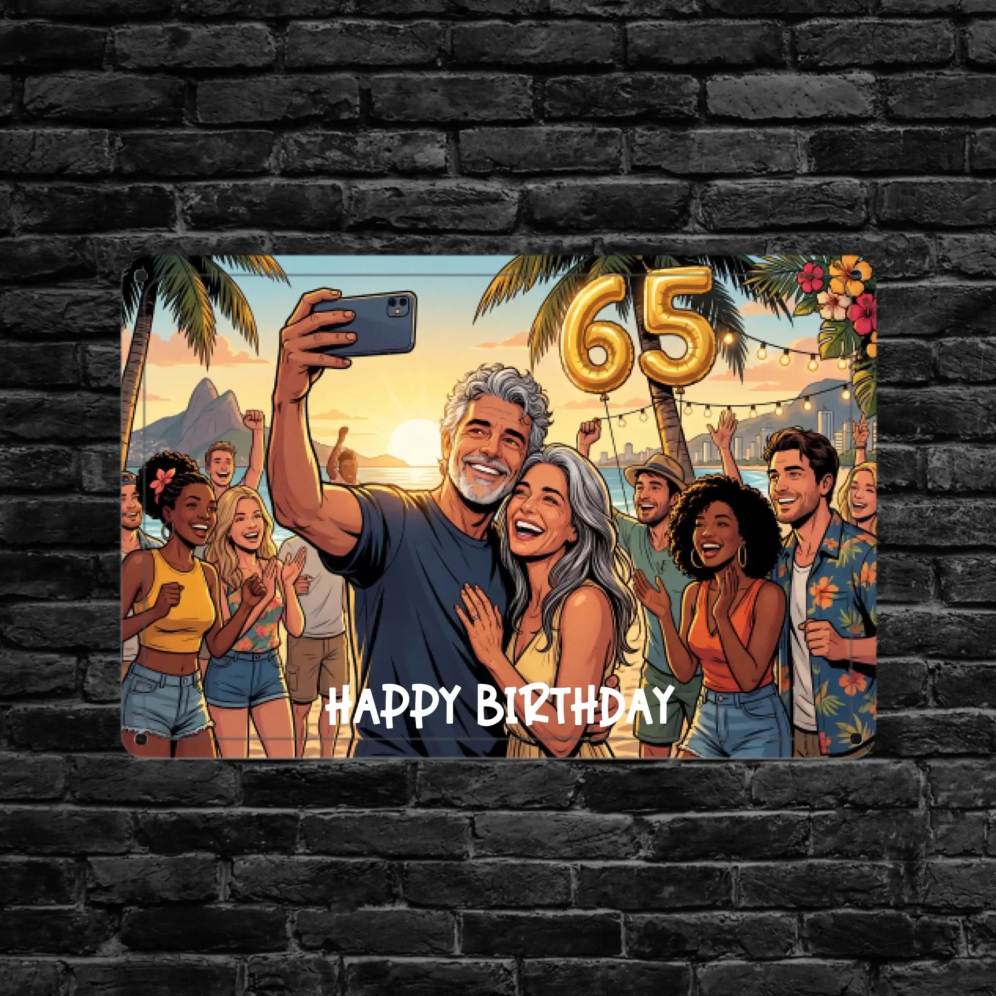 Vibrantes foto-blechschild zum 65 geburtstag mit buntem gruppenfoto und goldenen 65 luftballons und happy birthday text