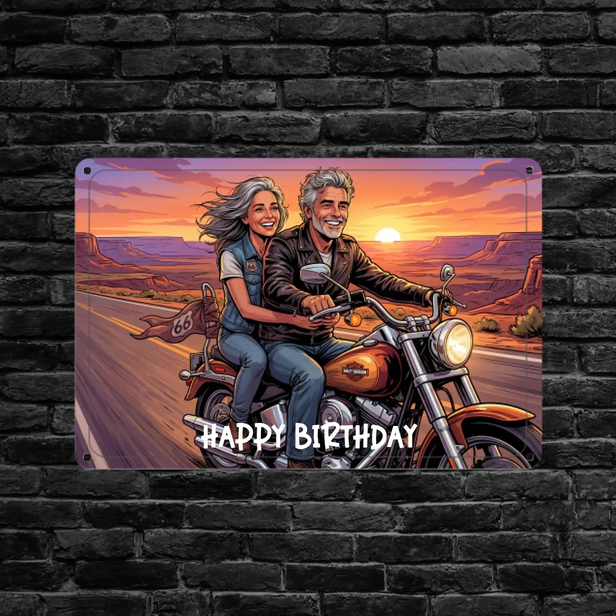 Rechteckiges metallblechschild mit bunter illustration eines älteren paares auf harley davidson bei sonnenuntergang und happy birthday text