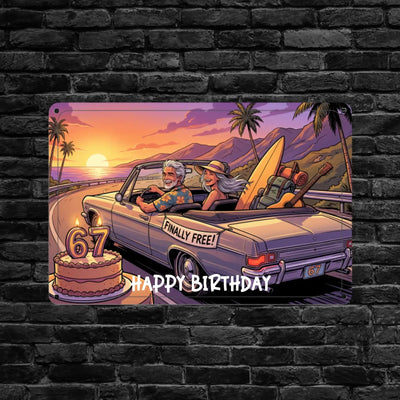 Ein rechteckiges metall-blechschild mit bunter cartoon-illustration eines älteren paares im cabrio zum 67. geburtstag