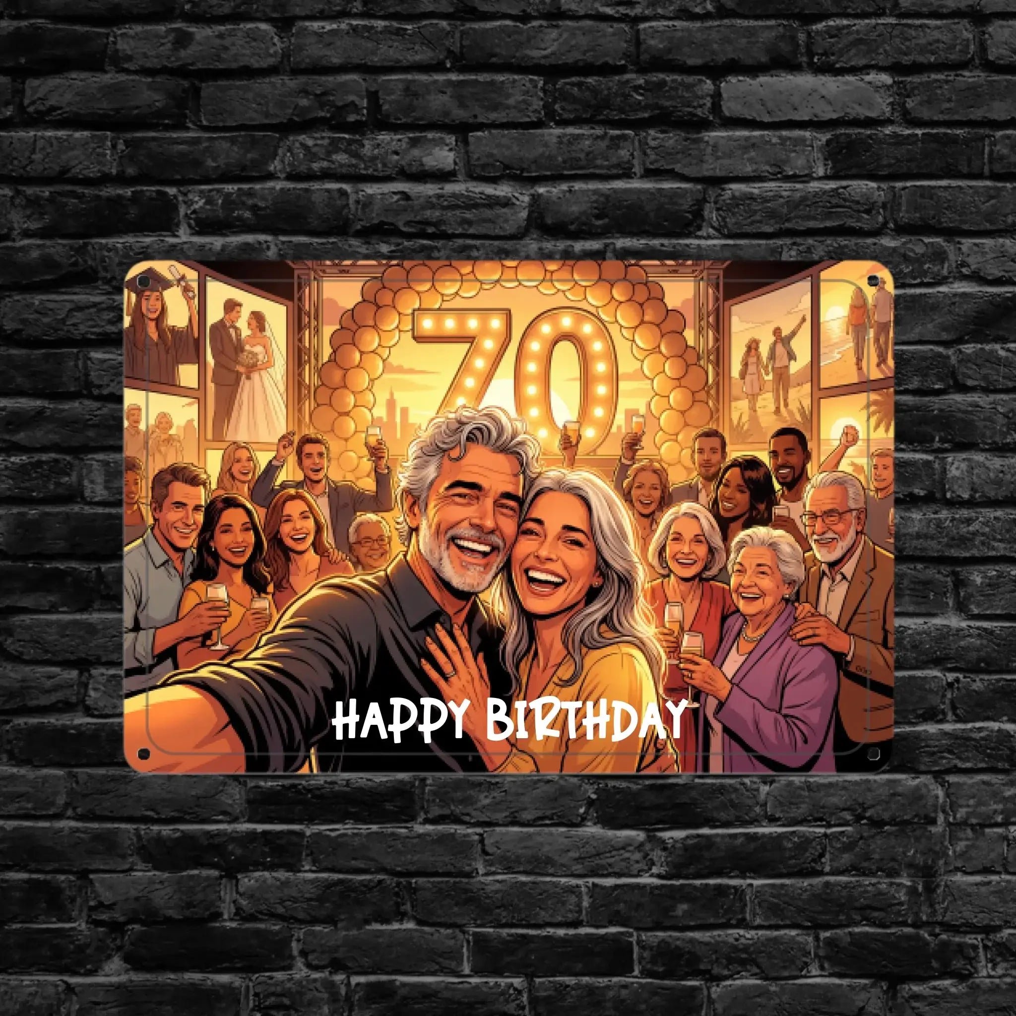 Rechteckiges foto-blechschild 70 geburtstag mit selfie-paar vor leuchtenden 70 zahlen und happy birthday text
