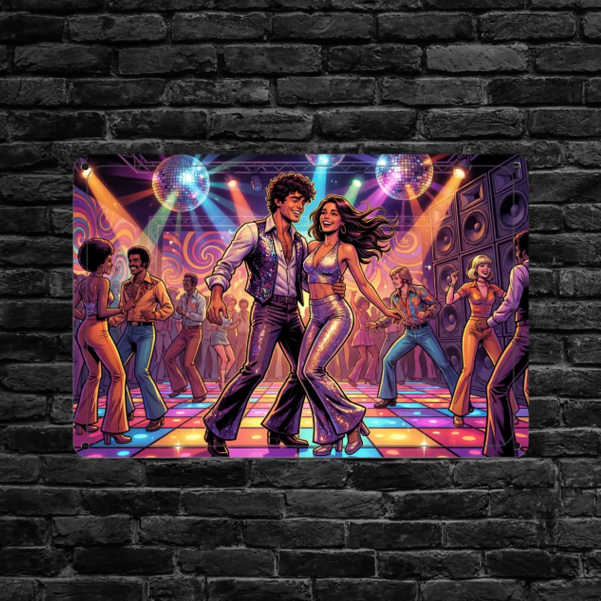 Vibrantes retro disco foto-blechschild aus metall mit tanzendem paar und bunten lichtern als personalisiertes fotogeschenk