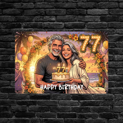 Lebhaftes foto-blechschild zum 77 geburtstag mit lächelndem paar, kuchen und tropischem strandmotiv, personalisiertes fotogeschenk
