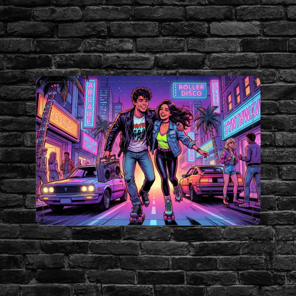 Vibrant neon metall wandplakette mit 80er jahre roller skating motiv und leuchtenden retro auto motiven