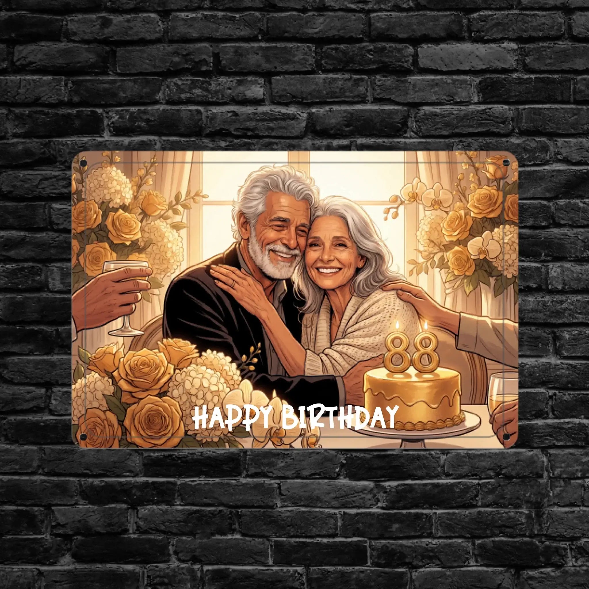 Foto-blechschild 88 geburtstag metall warmton illustration älteres paar mit kerzen nummer 88 auf kuchen