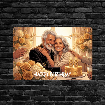 Foto-blechschild 88 geburtstag metall warmton illustration älteres paar mit kerzen nummer 88 auf kuchen