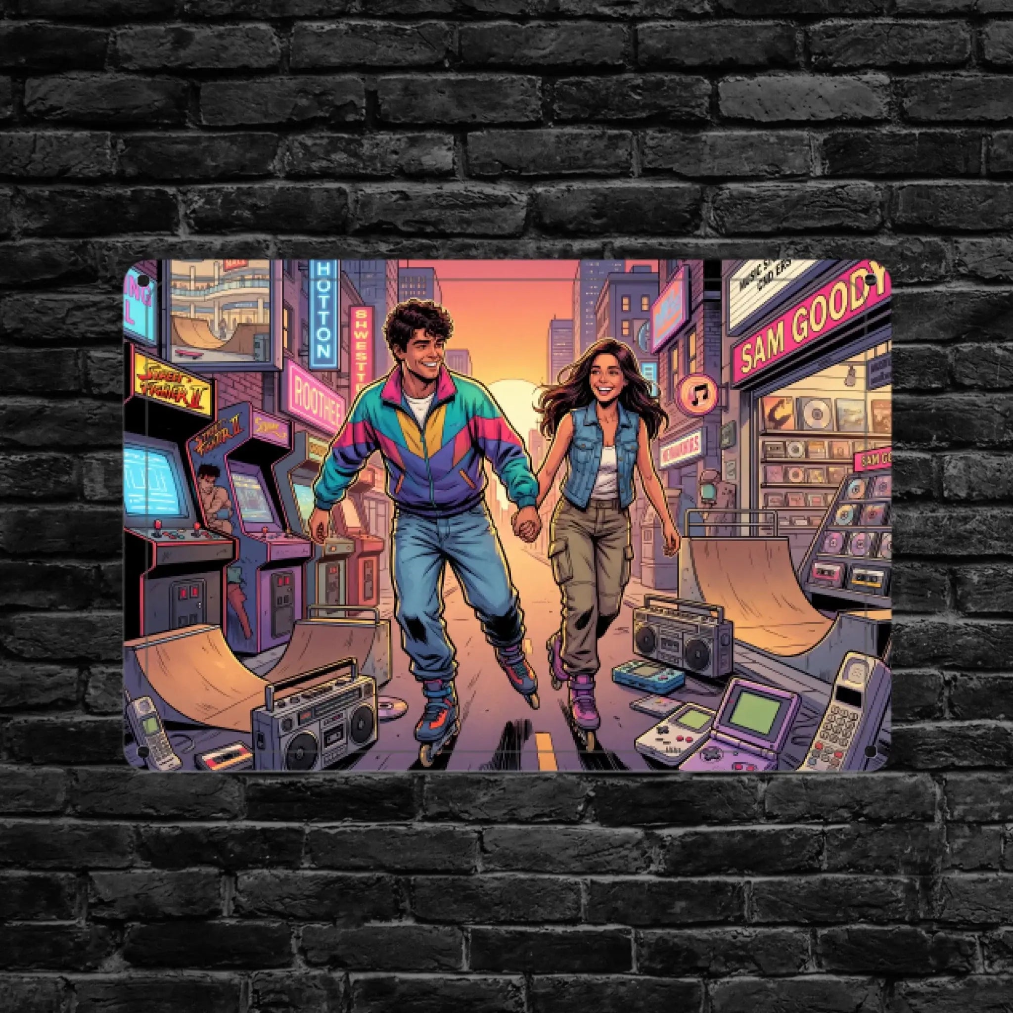 Vibrantes retro arcade foto-blechschild mit zwei lächelnden teens beim rollschuhlaufen in neonstadt