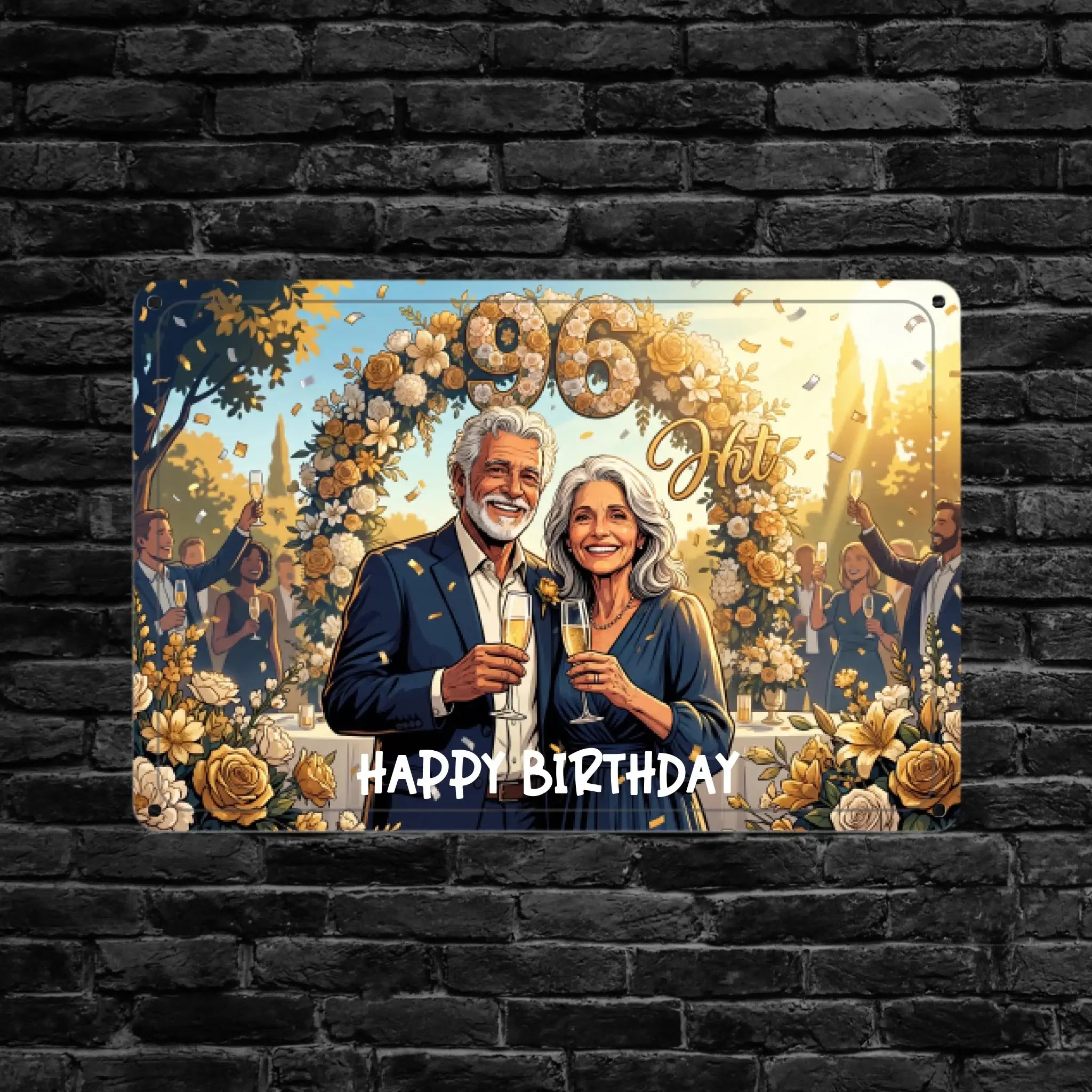 A rechteckiges metall-blechschild mit farbenfroher illustration eines 96 geburtstags eines alten paars mit goldkonfetti