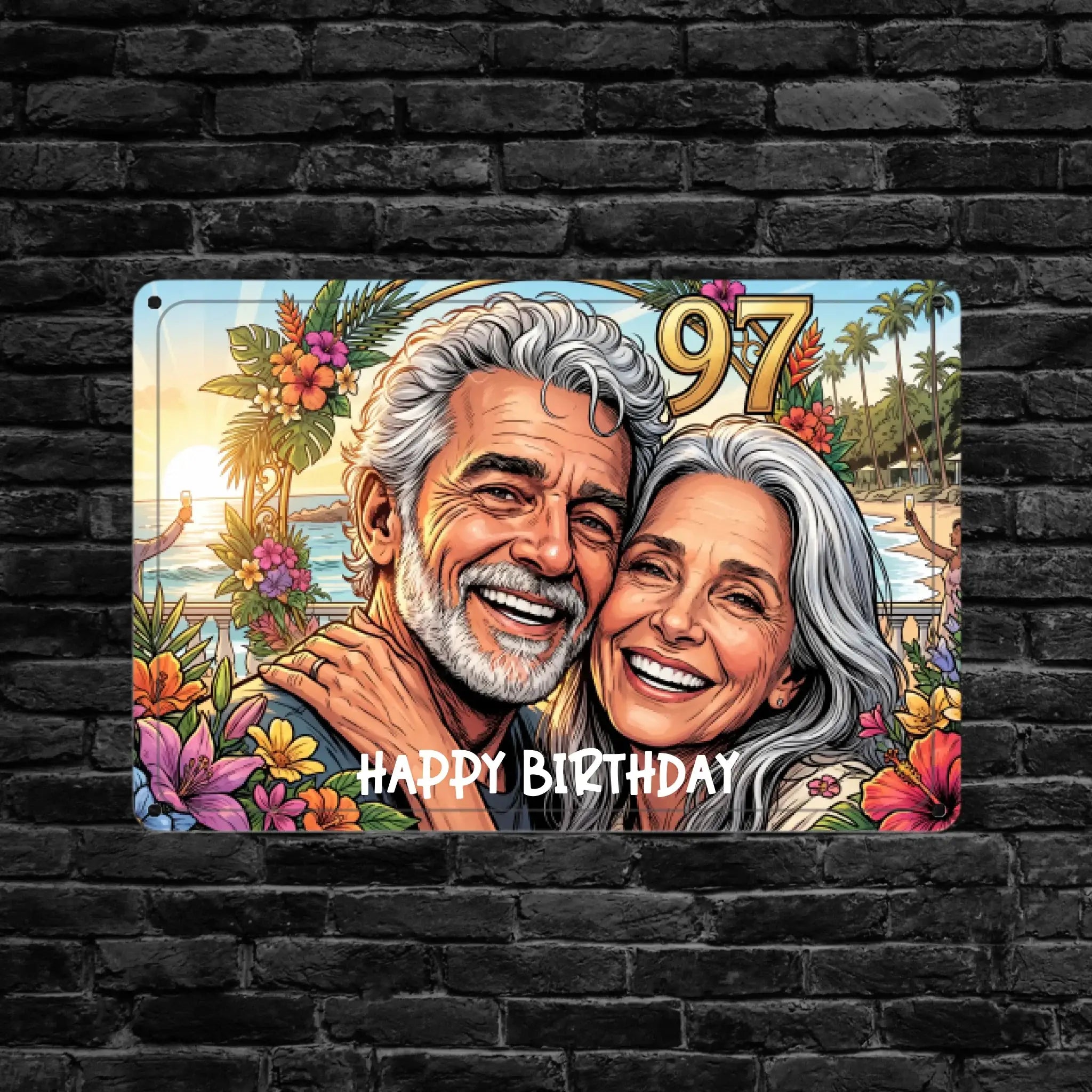 Vibrantes tropisches metall-blechschild mit cartoon-älterem paar, bunten blumen und zahl 97 für geburtstag